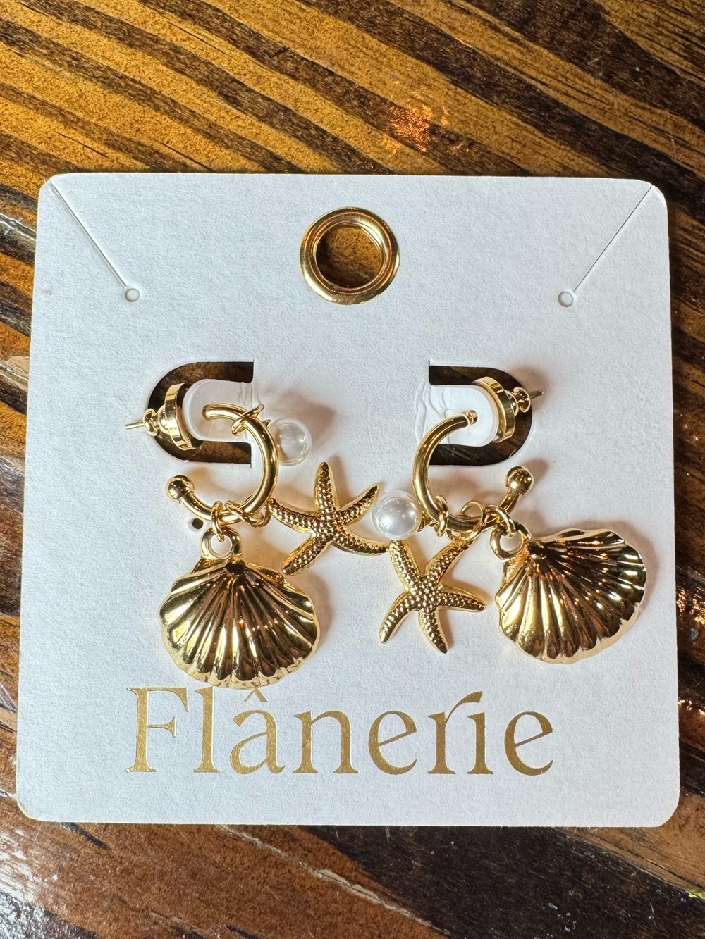 Gold Seashell & Starfish Drop Earrings with Pearl Accent